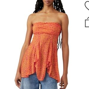Free People XL hot pink & orange Floral Combo Strapless Peplum Top ruched bust